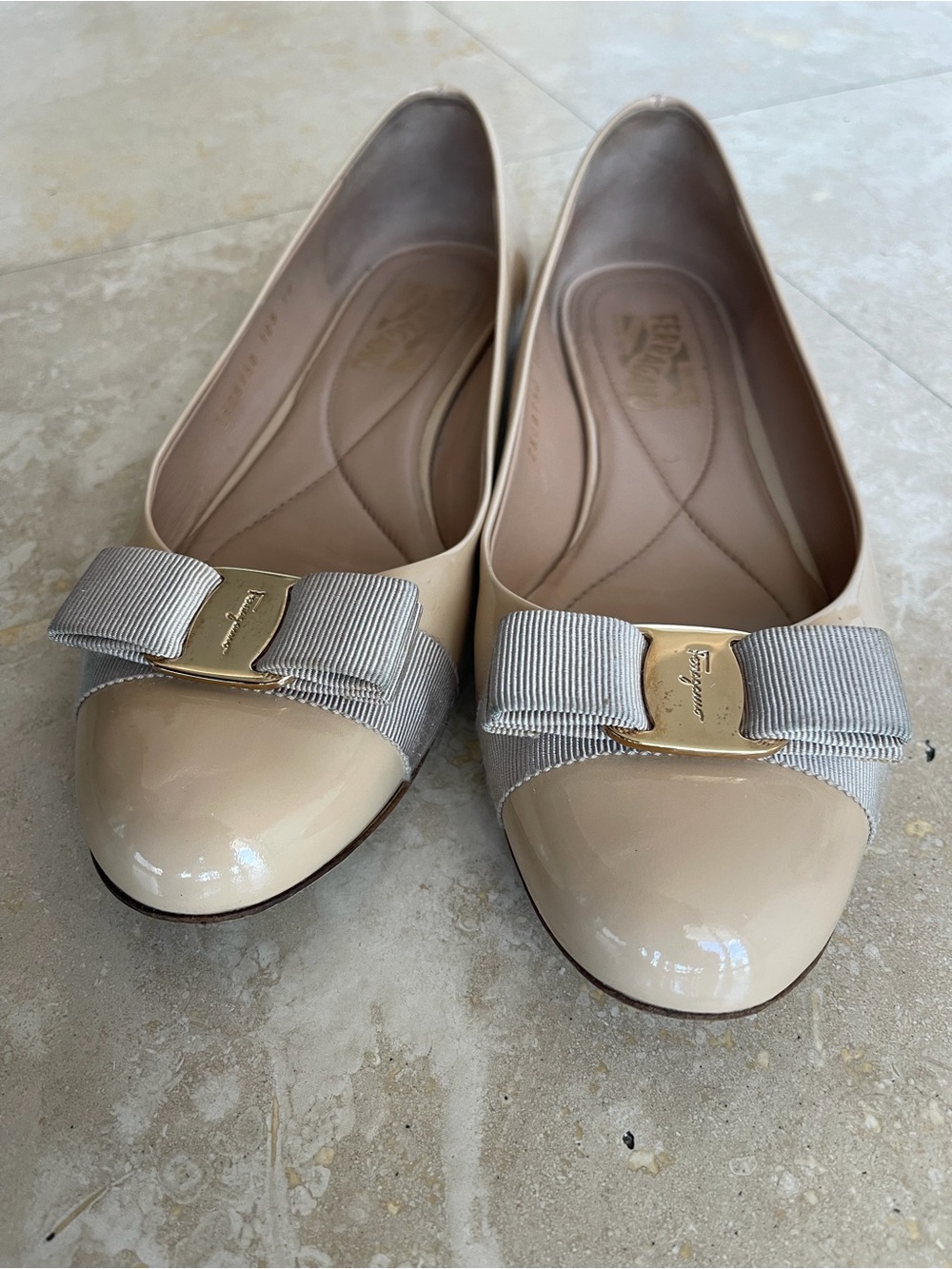Salvatore Ferragamo Beige Patent Vara Bow Flats